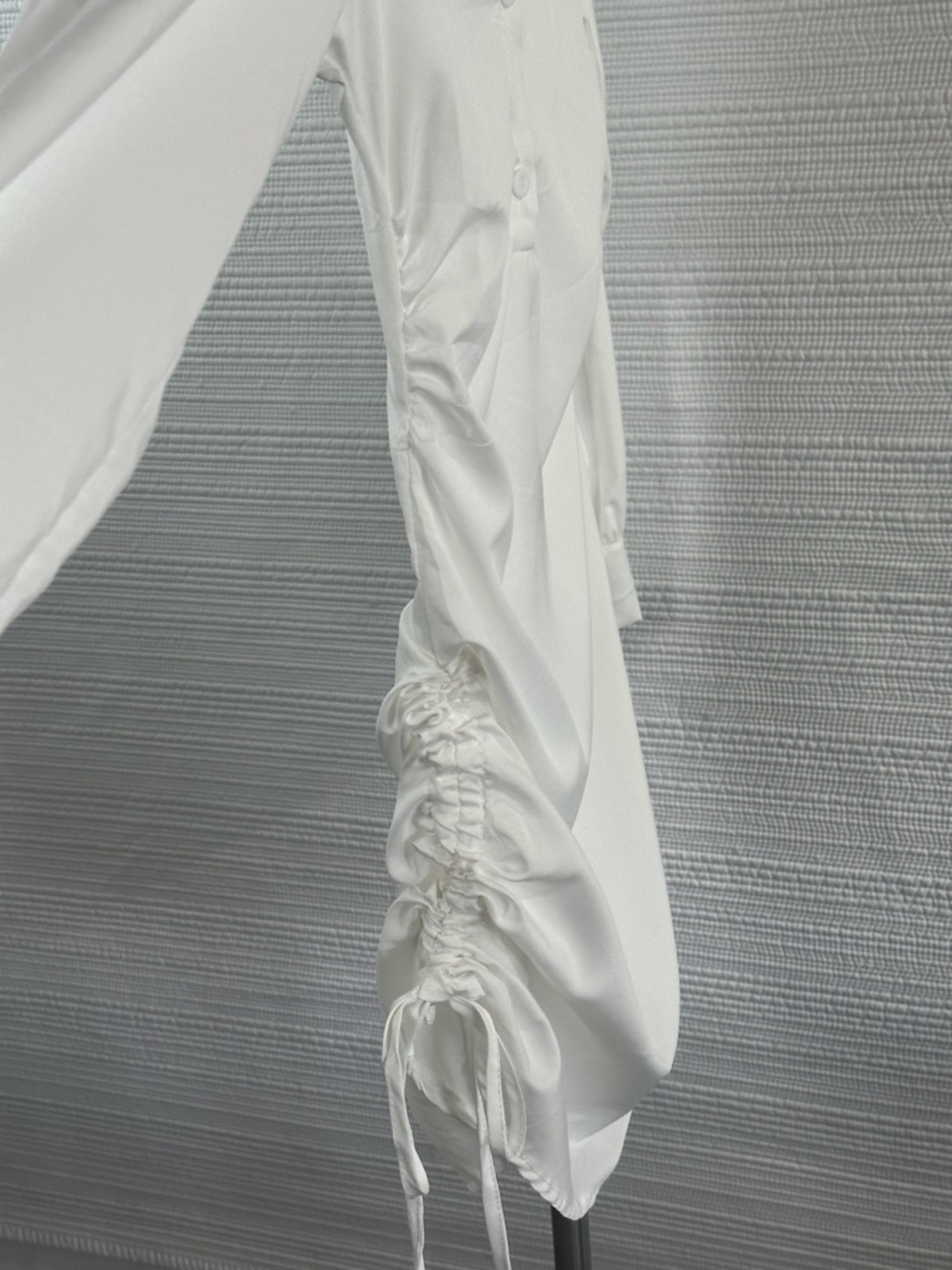 White Satin-Look Ruched Shirt Dress Minimalist Chic Side Tie Button Front Sz S - Picture 8 of 11